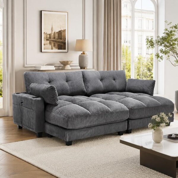 Divano modulare grigio in tessuto, a due posti, dimensioni 224x140x81 cm, con prese USB integrate negli schienali e divisibile in due sedute singole