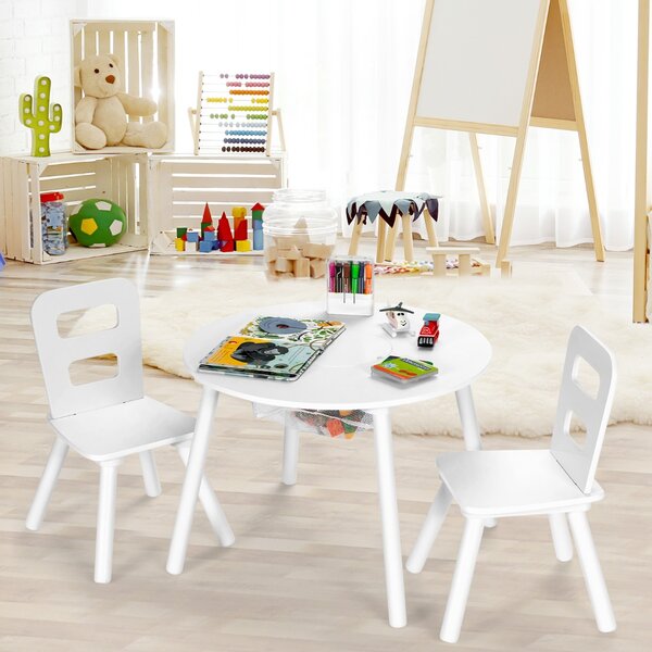Costway Set 3 pezzi con tavolo attività di legno e centro a rete, Set tavolo rotondo e sedia per bambini Bianco>