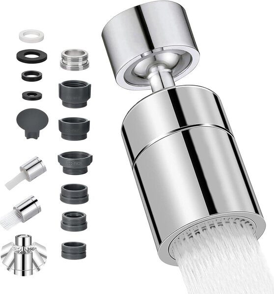 Rubinetto da cucina con bocchetta girevole a 360° - Rubinetto da cucina con erogatore rotante - Ugello del rubinetto con due modalità di erogazione - Filtrazione multistrato e 5 tipi di adattatori