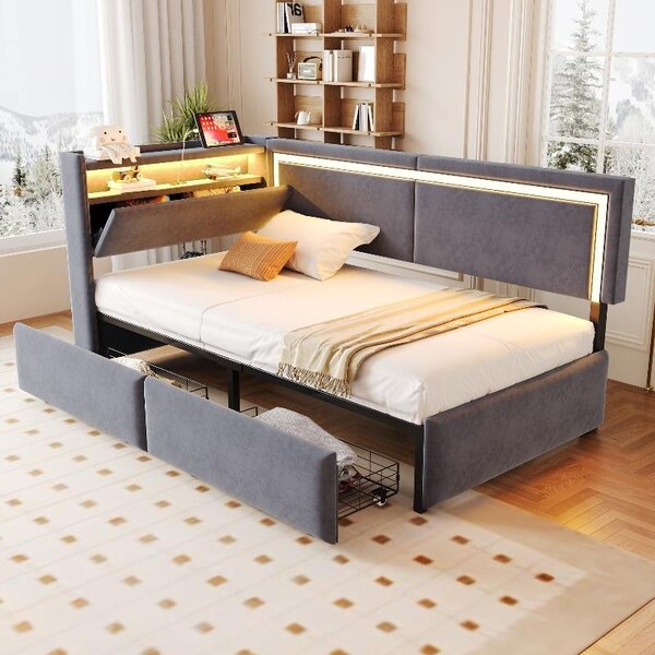 Divano letto 90x200 cm con illuminazione a LED e prese USB, letto imbottito in velluto color grigio scuro con schienale reclinabile e cassetto contenitore