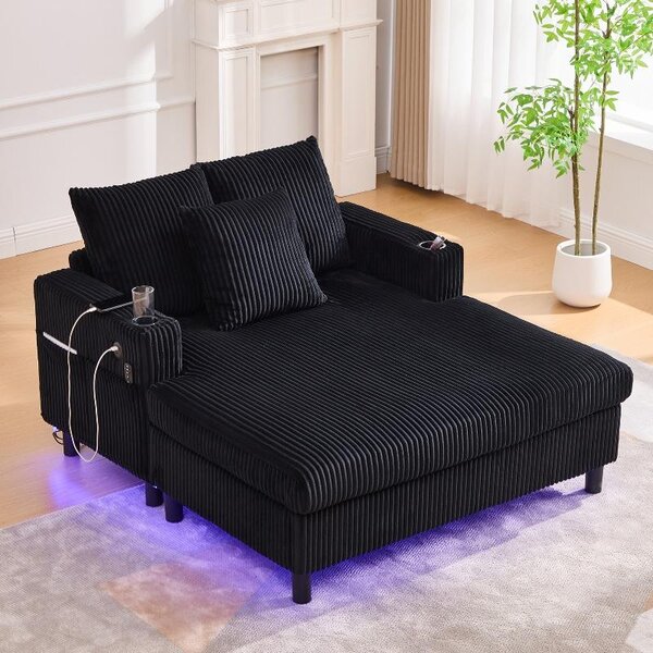 Poltrona reclinabile 142x128x85 cm, ampia poltrona da relax in tessuto cord nero, dotata di prese USB, illuminazione a LED e portabicchieri, ideale per il soggiorno