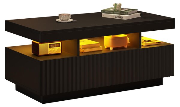 Tavolino da caffè, dimensioni 100 x 50 x 45 cm, realizzato in pannello di fibra di legno (PB) al 100%, colore nero, dotato di 2 cassetti, vano centrale aperto e barra luminosa LED con controllo tramite app