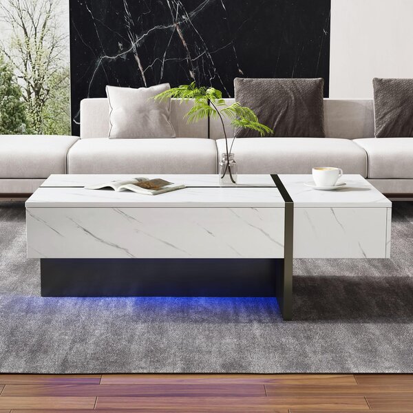Tavolino da salotto, dimensioni 105 x 60 x 35 cm, realizzato in pannello di particelle al 100%, colore bianco, dotato di 3 cassetti, illuminazione LED e piano superiore lucido con motivo marmorizzato