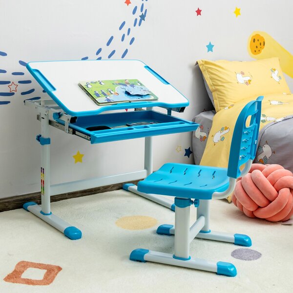 Costway Set scrivania e sedia per bambini con altezza regolabile e  cassetto, Set tavolo con superficie inclinabile Blu>