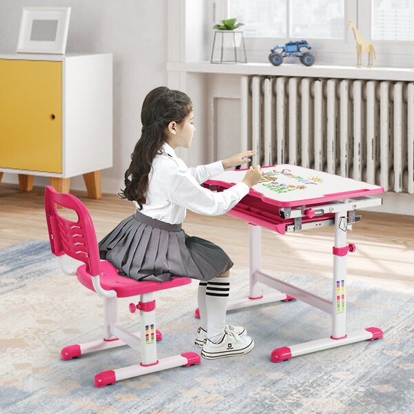 Costway Set scrivania e sedia per bambini con altezza regolabile e  cassetto, Set tavolo con superficie inclinabile Rosa>
