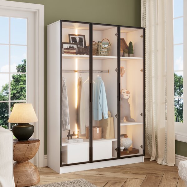 Guardaroba okwish con 3 ante in vetro, 1 cassetto e 1 appendiabiti, camera da letto, soggiorno, guardaroba per bambini con luce LED, in truciolato, bianco, 110*50*160 cm
