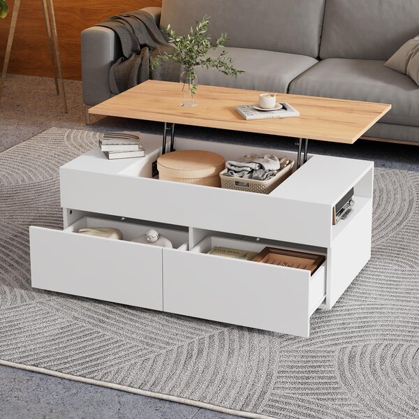 Tavolino da divano 100 x 50 x 40 cm, tavolino da divano con altezza regolabile, realizzato in pannello di particelle, bianco e con finitura in legno naturale, dotato di 2 cassetti e vano contenitore nascosto