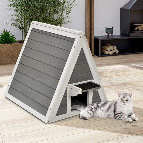 Costway Casetta triangolare di legno per gatti per interno ed esterno, Rifugio per animali di taglia piccola e media Grigio>