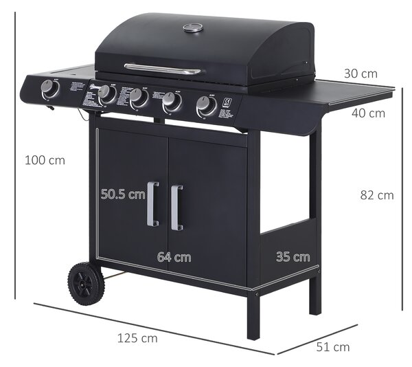 Outsunny Barbecue da giardino a Gas a 5 Fornelli con Ripiani Laterali e Armadietto, in Acciaio e PP, 125x51x100 cm, Nero | Aosom Italy