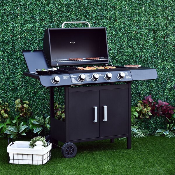 Outsunny Barbecue da giardino a Gas a 5 Fornelli con Ripiani Laterali e Armadietto, in Acciaio e PP, 125x51x100 cm, Nero | Aosom Italy