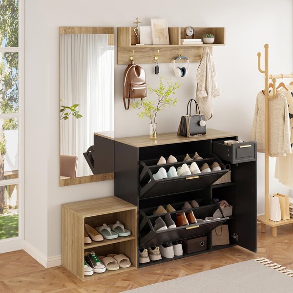 Okwish Set di mobili per ingresso, composto da un armadietto, una scarpiera e una panca, in 4 pezzi, con cabina armadio e specchio. Adatto per corridoi o ingressi. Colore: naturale e nero
