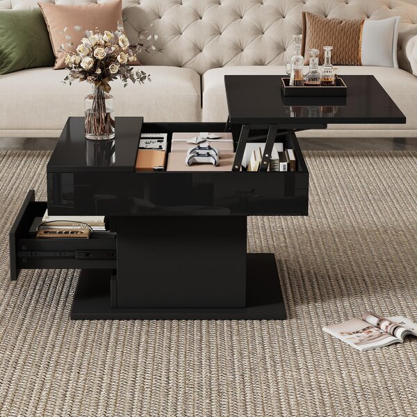 Tavolino da divano, dimensioni 70 x 70 x 45 cm, realizzato in pannello di particelle al 100%, colore nero, forma quadrata, con piano girevole a 360°, regolabile in altezza fino a 59 cm, dotato di 1 cassetto