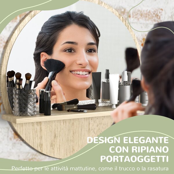 Kleankin Specchio Bagno Rotondo in Truciolato e Vetro con Ripiano Portaoggetti e 2 Ganci Posteriori, Ø45x10 cm|Aosom