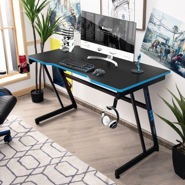 Costway Tavolo ergonomico da gaming a forma di Z con gancio per cuffie,  Scrivania per computer per casa e ufficio Blu>