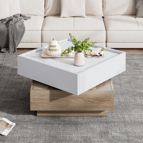 Tavolino da salotto, dimensioni 60x60x38 cm, realizzato in pannello di particelle al 100%, colore bianco e noce, girevole a 360°, dotato di 2 cassetti e 2 ripiani
