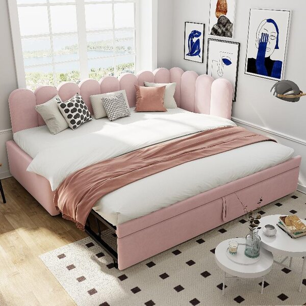 Divano letto 90x200 cm con letto estraibile 180x200 cm, divano letto a forma di L rivestito in velluto rosa, con schienale e poggiatesta, ideale per la camera degli ospiti