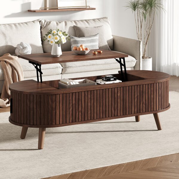 Tavolino da salotto, dimensioni 120 x 50 x 39,5 cm, tavolino con piano sollevabile, realizzato in MDF al 100%, legno, noce, con spazio contenitivo nascosto e 5 ripiani
