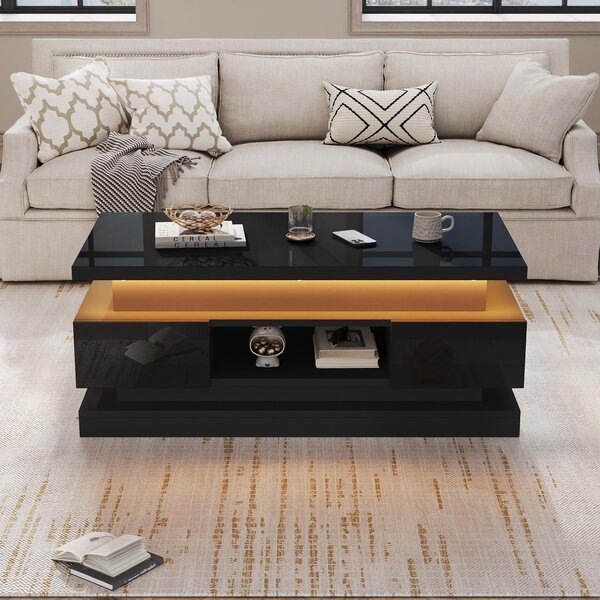 Tavolino da divano, dimensioni 100 x 50 x 40 cm, realizzato in pannello di particelle al 100%, colore nero, tavolino da divano con altezza regolabile, dotato di 2 cassetti e illuminazione LED