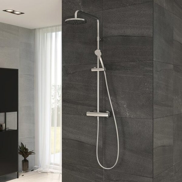 Sistema doccia per bagno con miscelatore termostatico e soffione rotondo, da montare a parete
