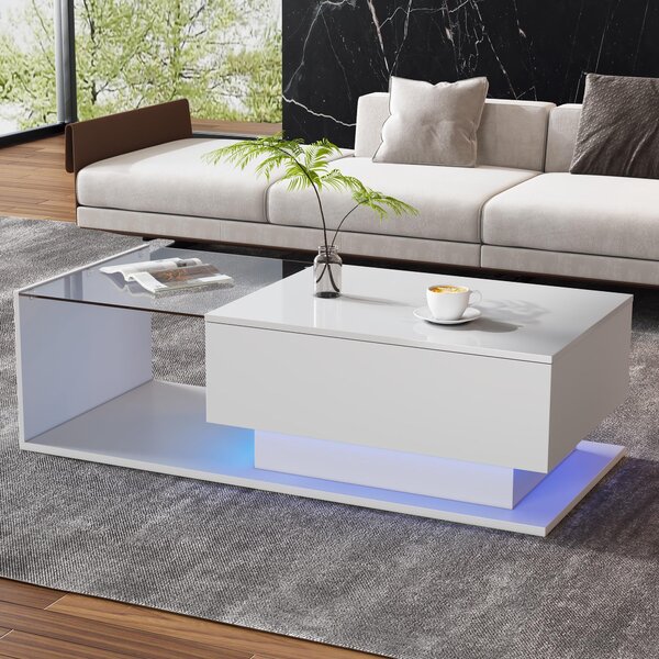 Tavolino da divano, dimensioni 100x50x32 cm, realizzato in pannello di particelle di legno al 100%, colore bianco, con piano in vetro, 1 cassetto e illuminazione a LED