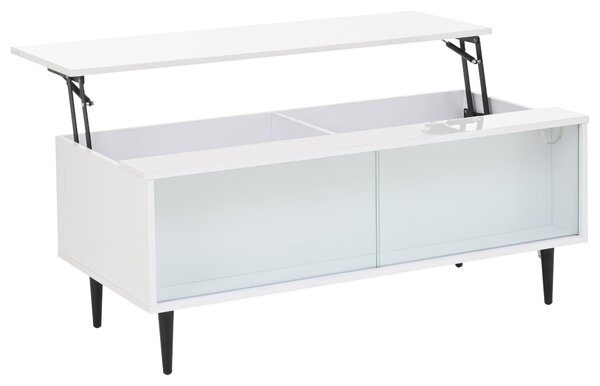 Tavolino da divano, dimensioni 105 x 50 x 43 cm, con altezza regolabile fino a 58 cm, realizzato in pannello di particelle di legno al 100%, con piano in vetro temperato, colore bianco, dotato di spazio contenitivo nascosto e illuminazione a LED