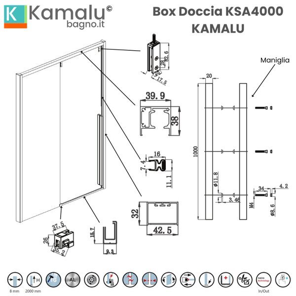 Kamalu doccia nicchia 120cm finitura acciaio spazzolato | ksa4000as
