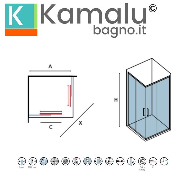 Kamalu box doccia 70x70 apertura doppio scorrevole finitura cromo | kz-1000
