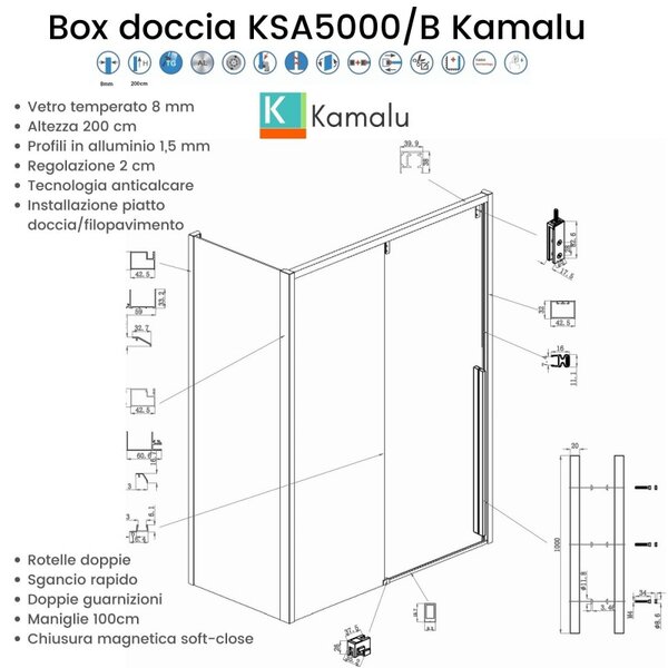 Kamalu cabina doccia 70x120 scorrevole con lato fisso 70 cm finitura acciaio spazzolato | ksa5000as
