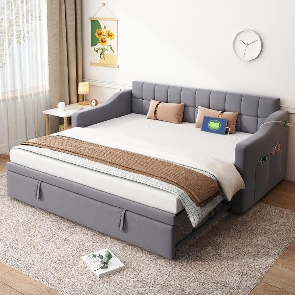 Divano letto 2 in 1, 90x190 cm, con meccanismo estraibile per trasformarlo in un letto imbottito di 90x180 cm, rivestito in velluto grigio, dotato di porte USB per la ricarica e con tasca portaoggetti
