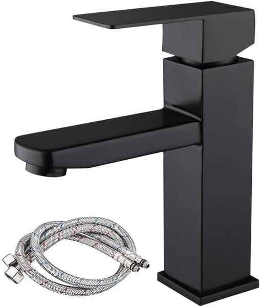 Rubinetto da bagno - Nero - Miscelatore per lavabo - Rubinetto per lavabo - Miscelatore per bagno - Miscelatore monocomando - Accessori per lavabo - Con tubo di 60 cm