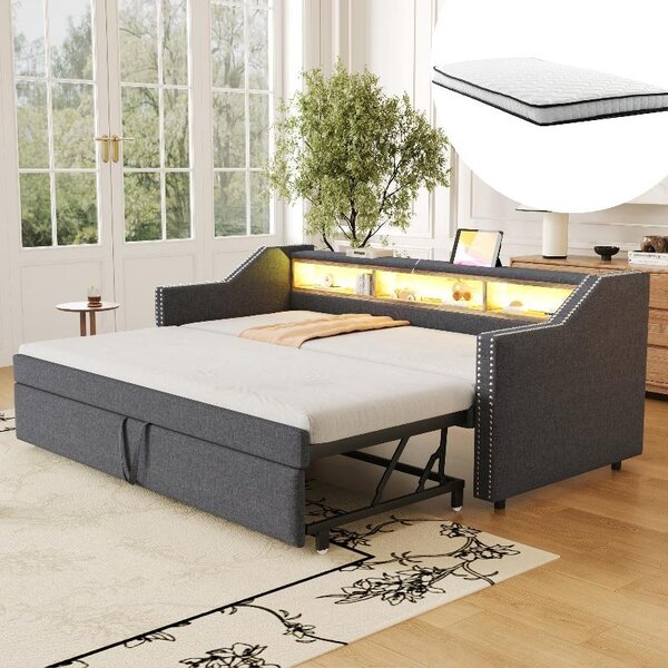 Divano letto 90x190 cm, estendibile a 180x190 cm, divano letto imbottito grigio scuro con illuminazione LED, porta USB, 3 vani portaoggetti, rete a doghe e 2 materassi a molle