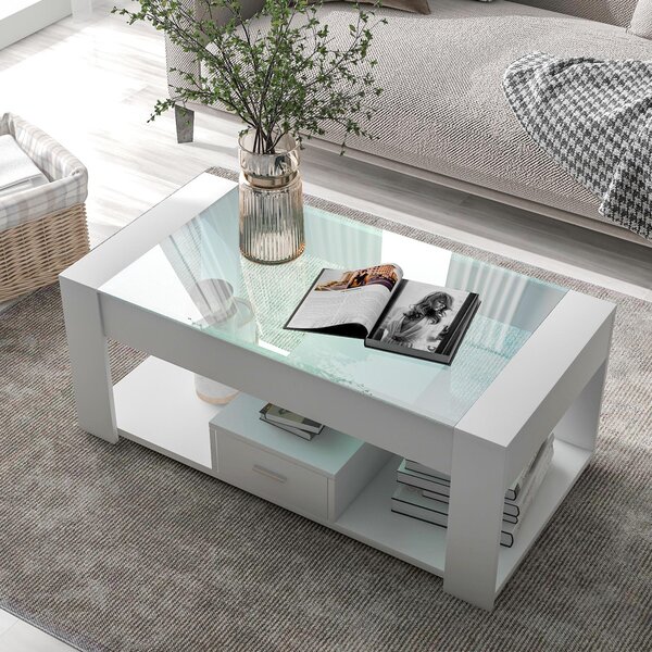 Tavolino da salotto 100 x 50 x 40 cm con piano in vetro, 2 cassetti, vano aperto e spazio contenitivo, realizzato in pannello di particelle di legno (MDF), colore bianco