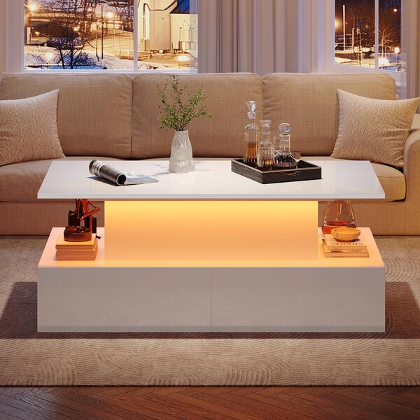 Tavolino da divano, dimensioni 90x55x41 cm, realizzato in pannelli di particelle di legno al 100%, colore bianco, con illuminazione a LED, 4 cassetti e piano estendibile