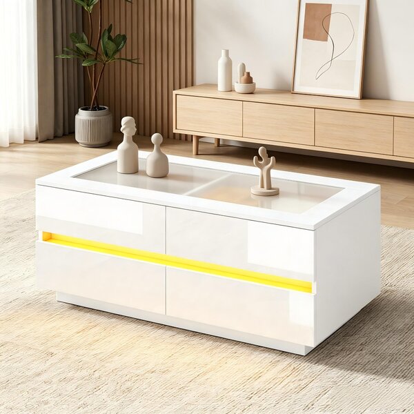 Tavolino da salotto, dimensioni 100x50x40 cm, realizzato in pannello di particelle di legno al 100%, con piano in vetro, colore bianco, dotato di 4 cassetti, illuminazione LED e piano in vetro temperato