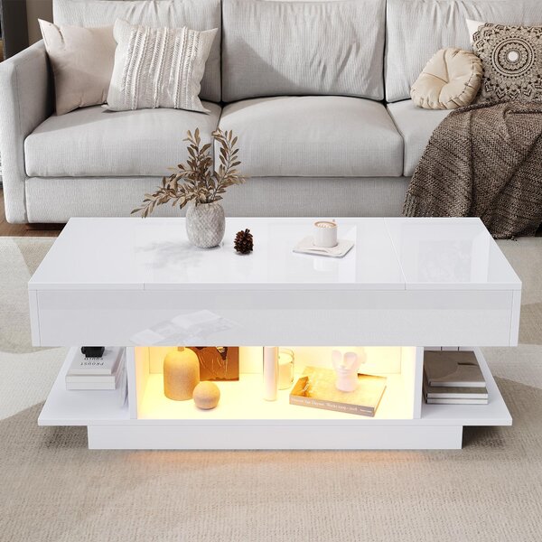 Tavolino da divano, dimensioni 98 x 45 x 40 cm, realizzato in pannello di particelle di legno al 100%, colore bianco, con piano regolabile in altezza fino a 54,5 cm, dotato di 2 scomparti a ribalta e illuminazione LED