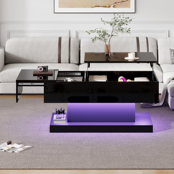 Tavolino da divano, dimensioni 100x50x45 cm, realizzato in pannello di particelle al 100%, colore nero, con illuminazione a LED, piano del tavolo sollevabile idraulicamente e scorrevole lateralmente
