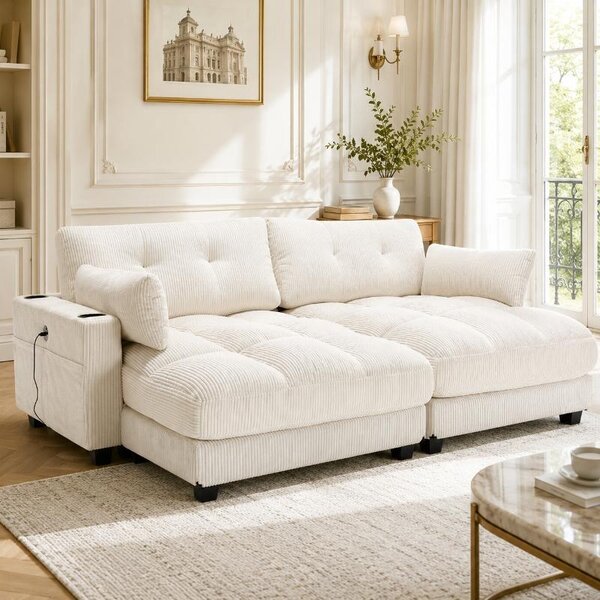 Divano beige in tessuto Cord, a due posti, dimensioni 224x140x81 cm, composto da due sedute separate, divano modulare a due posti con prese USB integrate negli schienali