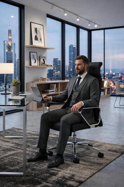 Poltrona da ufficio ergonomica, in pelle nera con dettagli cromati