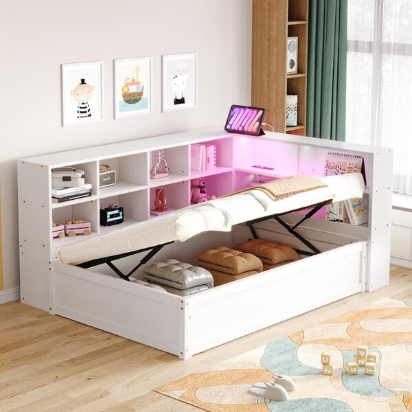 Divano letto 90x200 cm in legno di pino bianco, dotato di striscia LED, presa multipla, vani portaoggetti e sistema di sollevamento idraulico per lo spazio contenitivo