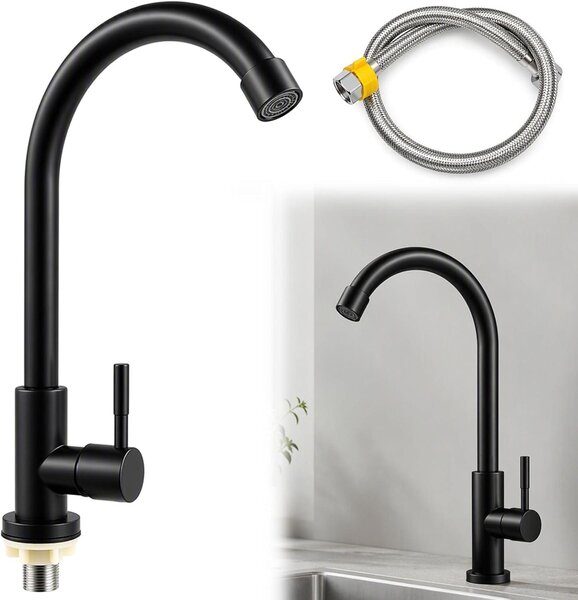 Rubinetto per acqua fredda - Rubinetto da cucina nero - Rotazione a 360° - Acciaio inossidabile 304