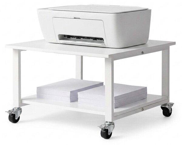 Tavolo per stampante Relaxdays con rotelle, 2 ripiani, dimensioni: 32 x 50 x 50 cm, tavolino mobile per stampante, ufficio, supporto per stampante, bianco