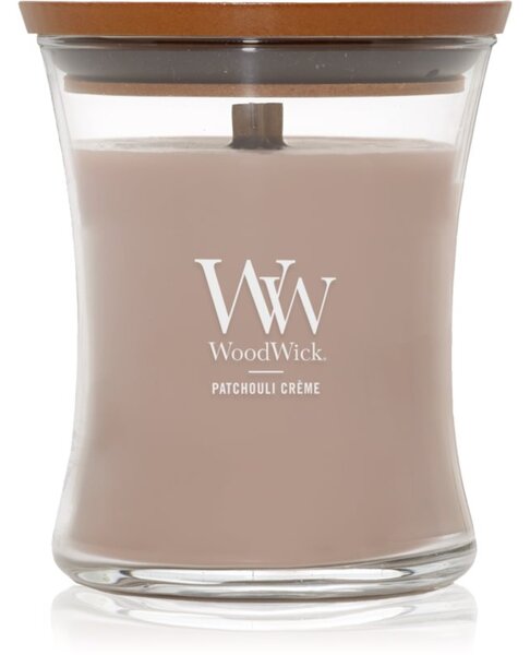 Woodwick Opulent Wood Patchouli Creme candela profumata con stoppino in legno 275 g