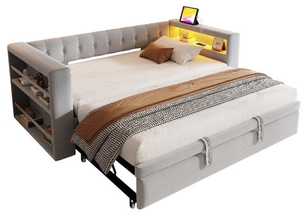 Divano letto 90/180x190 cm in grigio chiaro, con struttura imbottita, illuminazione a LED, presa di corrente e spazio contenitivo nell'bracciolo, ideale per soggiorni e camere per gli ospiti