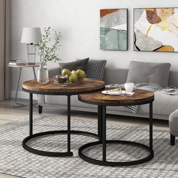 Set di 2 tavolini da caffè, uno di forma rotonda con dimensioni 50 x 70,5 cm e uno di forma rotonda con dimensioni 45,5 x 44 cm, realizzati in MDF al 100%, con finitura effetto legno/marrone, tavolini impilabili