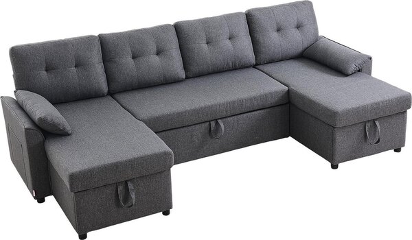 Divano letto componibile - Divano letto a U - Chaise longue doppia - Con vano contenitore - 6 posti - 2 cuscini e 2 tasche laterali - Robusto telaio in metallo