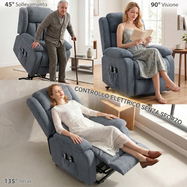 HOMCOM Poltrona Elettrica Alzapersona Reclinabile 135° in Tessuto Effetto Lino con Poggiapiedi, Grigio | Aosom Italy