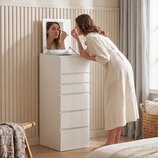 HOMCOM Cassettiera Alta per Camera da Letto con Specchio Ribaltabile, Bianco | Aosom Italy