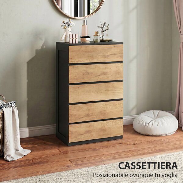 HOMCOM Cassettiera 5 Cassetti in Legno con Guide in Metallo e Maniglie Scanalate, 60x39x100 cm | Aosom Italy