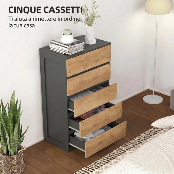 HOMCOM Cassettiera 5 Cassetti in Legno con Guide in Metallo e Maniglie Scanalate, 60x39x100 cm | Aosom Italy