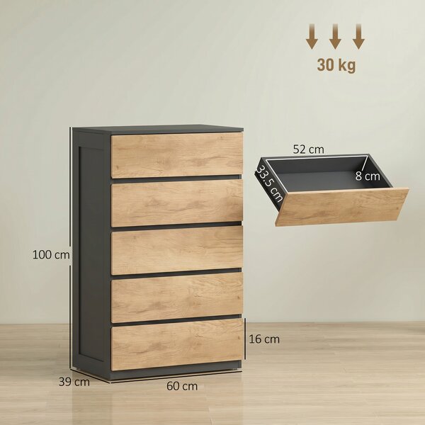 HOMCOM Cassettiera 5 Cassetti in Legno con Guide in Metallo e Maniglie Scanalate, 60x39x100 cm | Aosom Italy